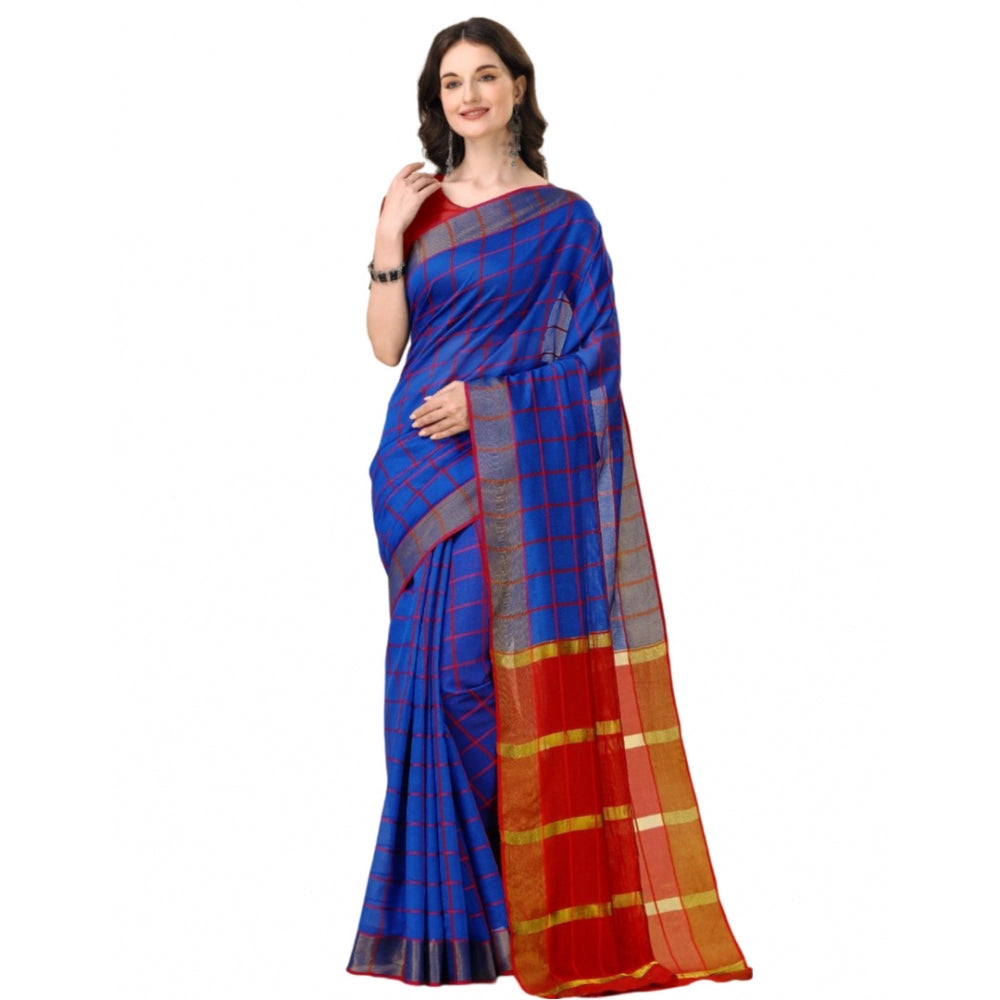 Women'S Cotton Silk Checkered Saree With Unstitched Blouse 5.5