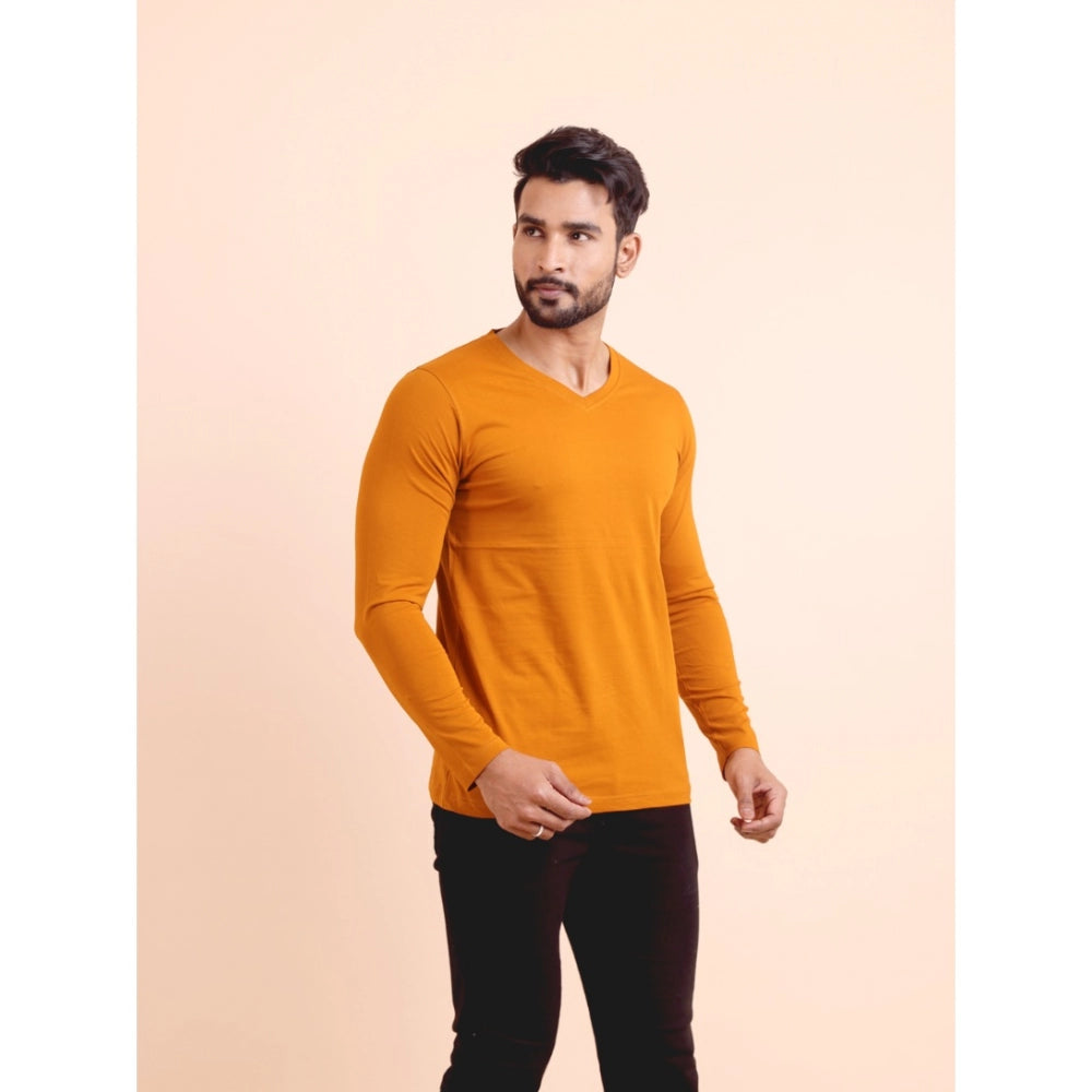 Men'S Casual Cotton Solid V Neck Full Sleeve T-Shirt (Mustard)