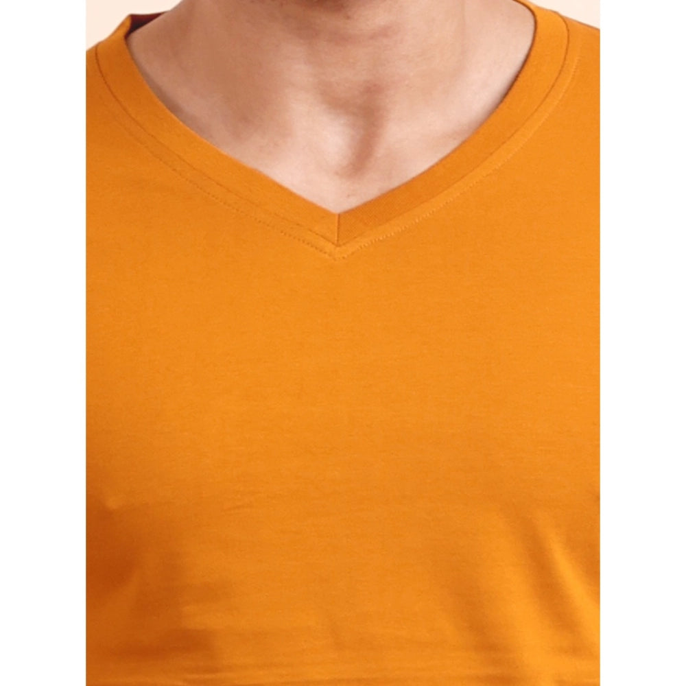 Men'S Casual Cotton Solid V Neck Full Sleeve T-Shirt (Mustard)