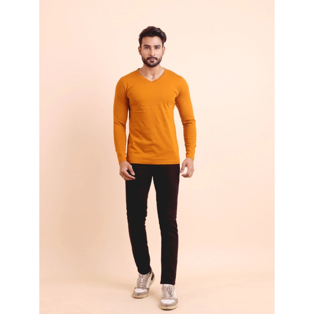 Men'S Casual Cotton Solid V Neck Full Sleeve T-Shirt (Mustard)