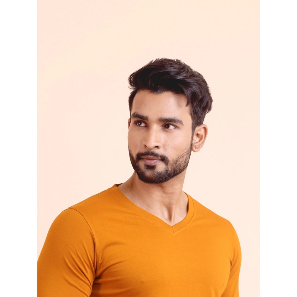 Men'S Casual Cotton Solid V Neck Full Sleeve T-Shirt (Mustard)