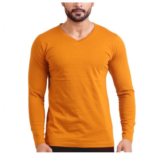 Men'S Casual Cotton Solid V Neck Full Sleeve T-Shirt (Mustard)