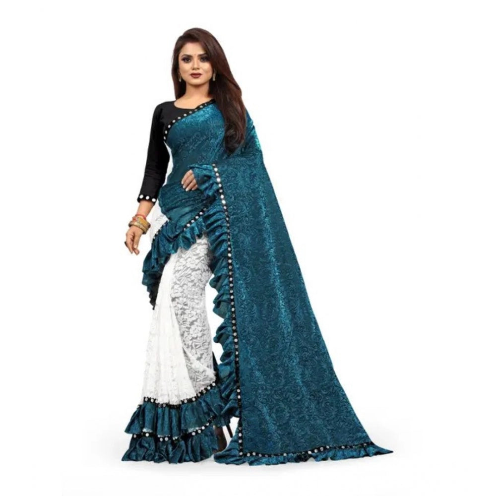 Women'S Silk With Mirror Lace Solid Saree With Unstitched Blou