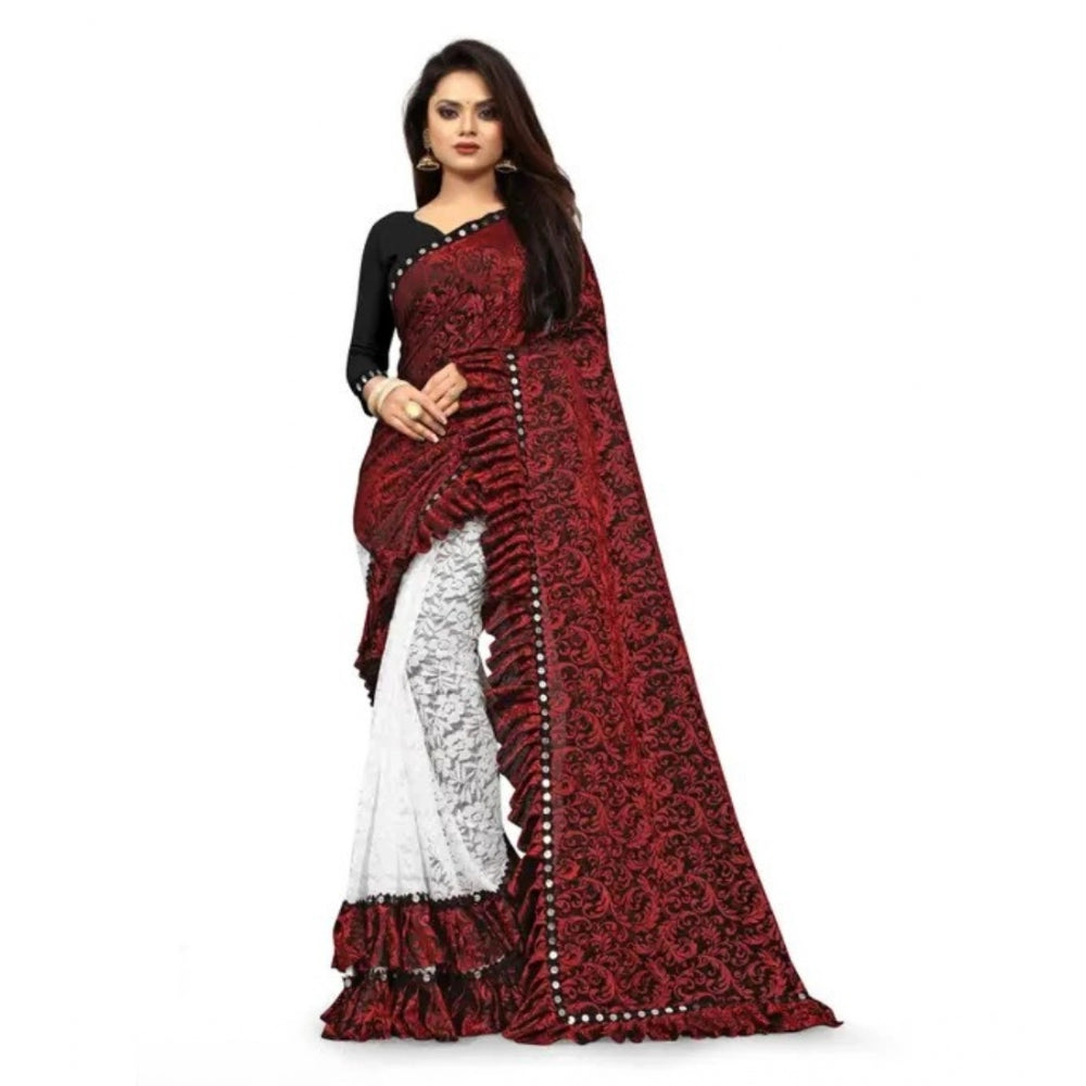 Women'S Silk With Mirror Lace Solid Saree With Unstitched Blou