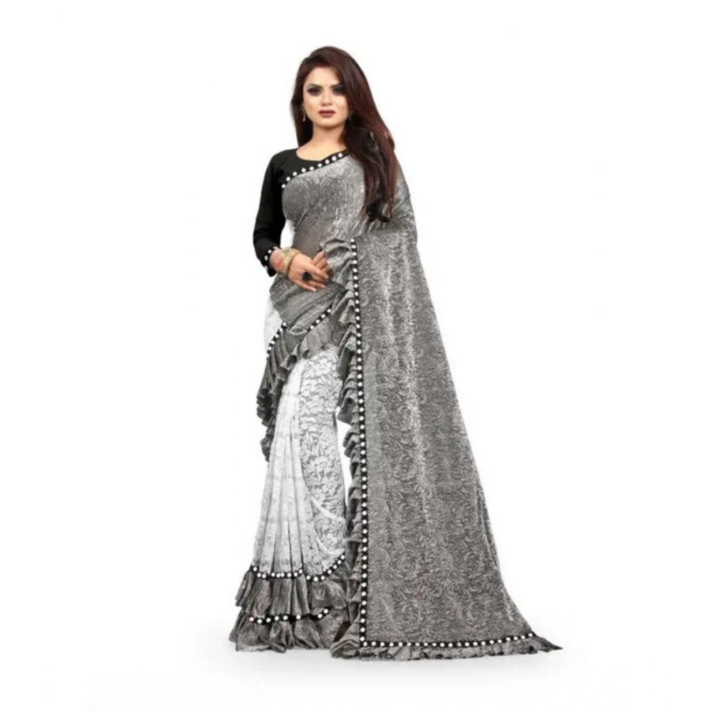 Women'S Silk With Mirror Lace Solid Saree With Unstitched Blou