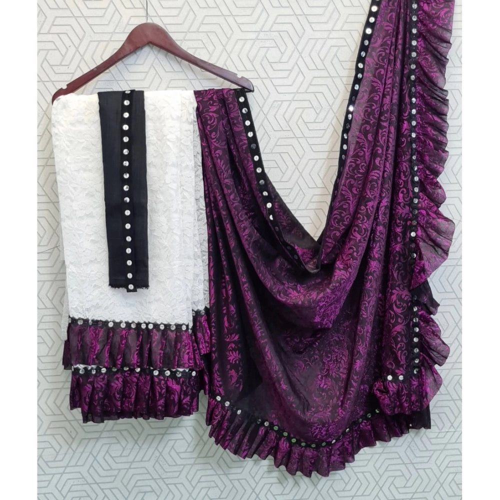 Women'S Silk With Mirror Lace Solid Saree With Unstitched Blou