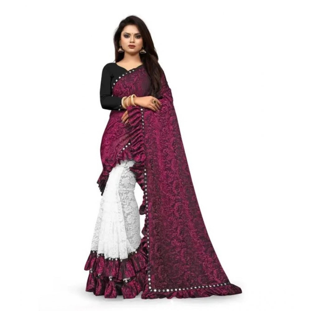 Women'S Silk With Mirror Lace Solid Saree With Unstitched Blou