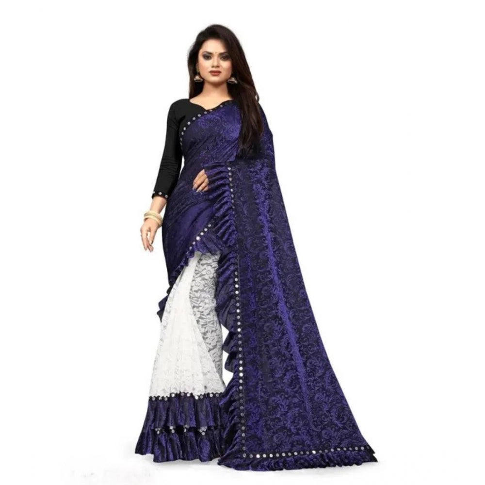 Women'S Silk With Mirror Lace Solid Saree With Unstitched Blou