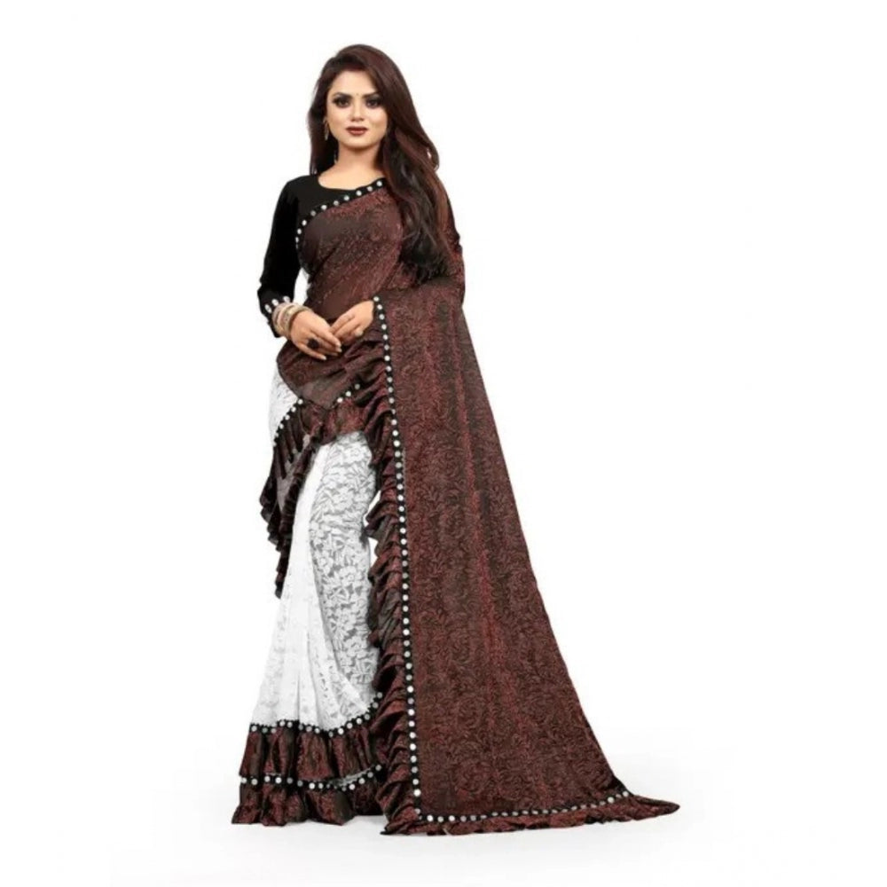 Women'S Silk With Mirror Lace Solid Saree With Unstitched Blou