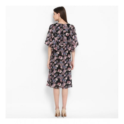 Women's Polyester Floral Short Sleeve Knee-Length Dress (Black - Multicolor)