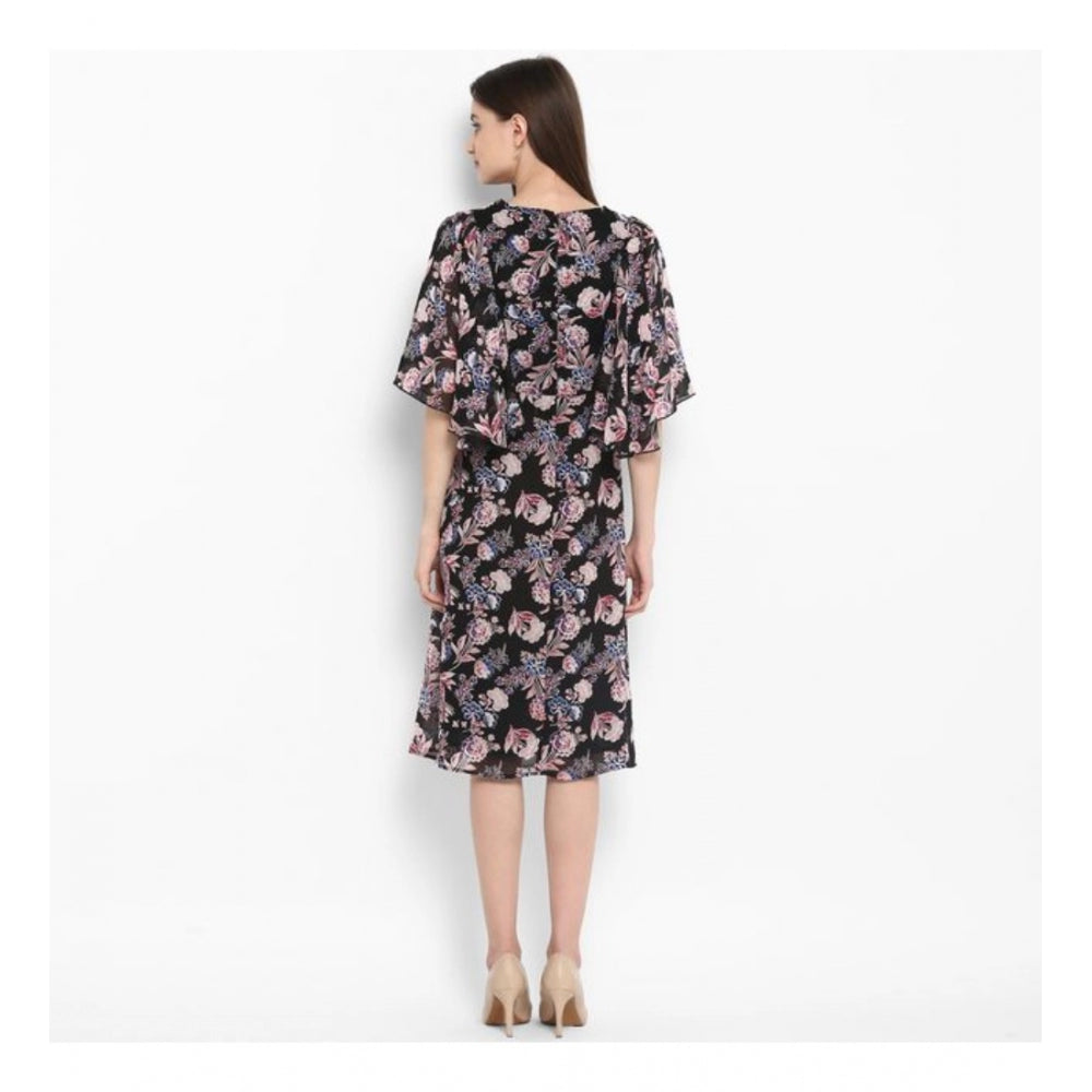 Women'S Polyester Floral Short Sleeve Knee-Length Dress (Black