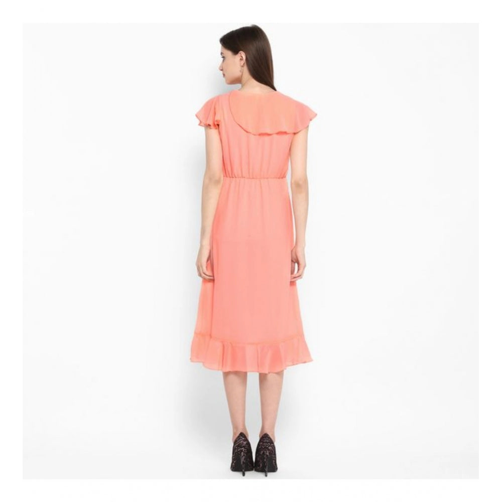 Women'S Polyester Ruffled Cap Sleeve Below Knee Dress (Neon Pi