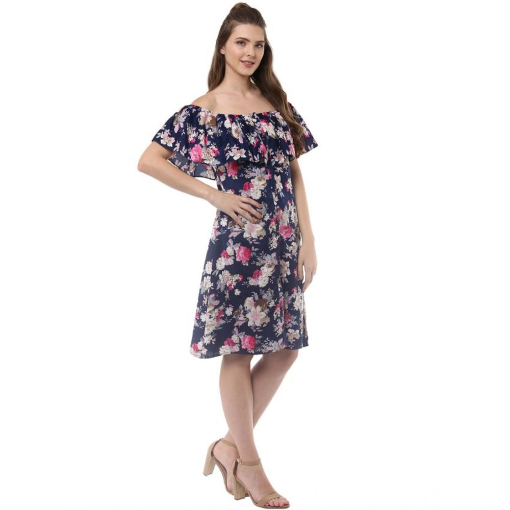 Women'S Polyester Crepe Floral Half Sleeve Above Knee Dress (N