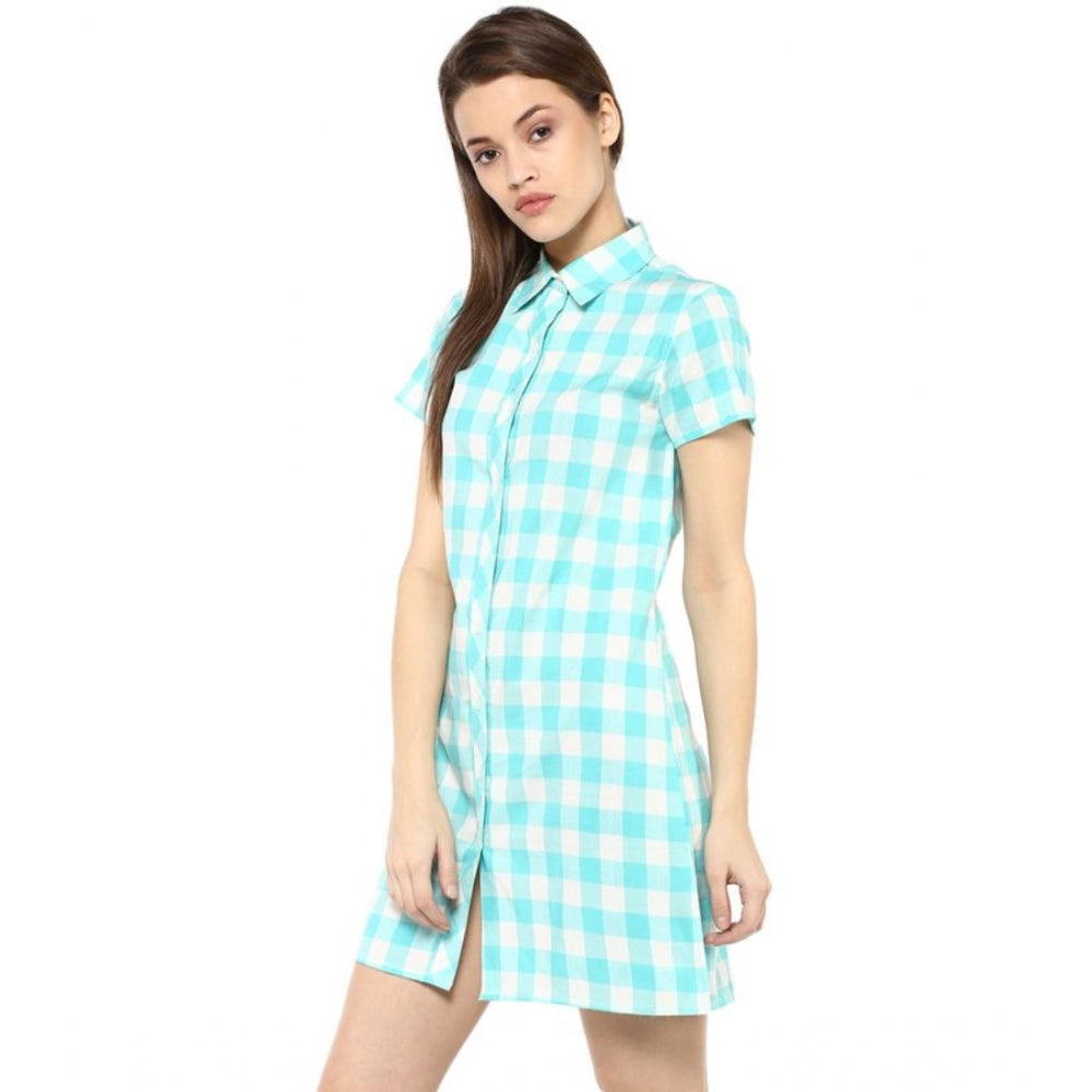 Women'S Rayon Checkered Short Sleeve Above Knee Dress (Skublue
