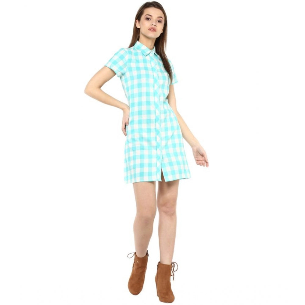 Women'S Rayon Checkered Short Sleeve Above Knee Dress (Skublue