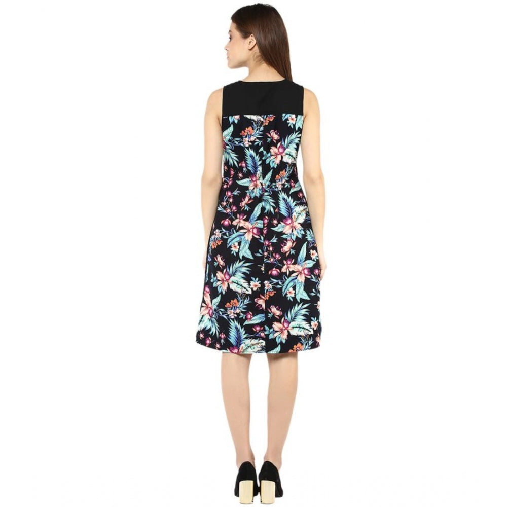 Women'S Polyester Printed Sleeveless Above Knee Dress (Black