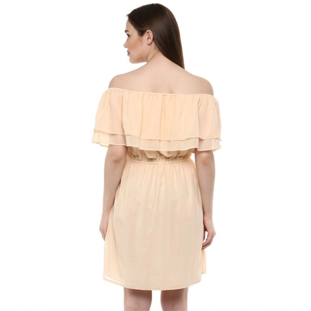 Women'S Polyester Solid Sleeveless Knee-Length Dress (Beige)