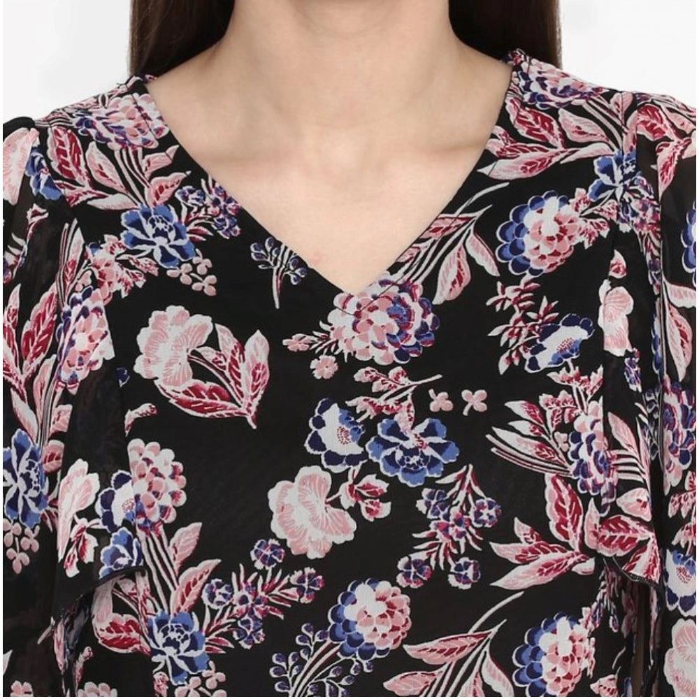 Women'S Polyester Floral Short Sleeve Knee-Length Dress (Black