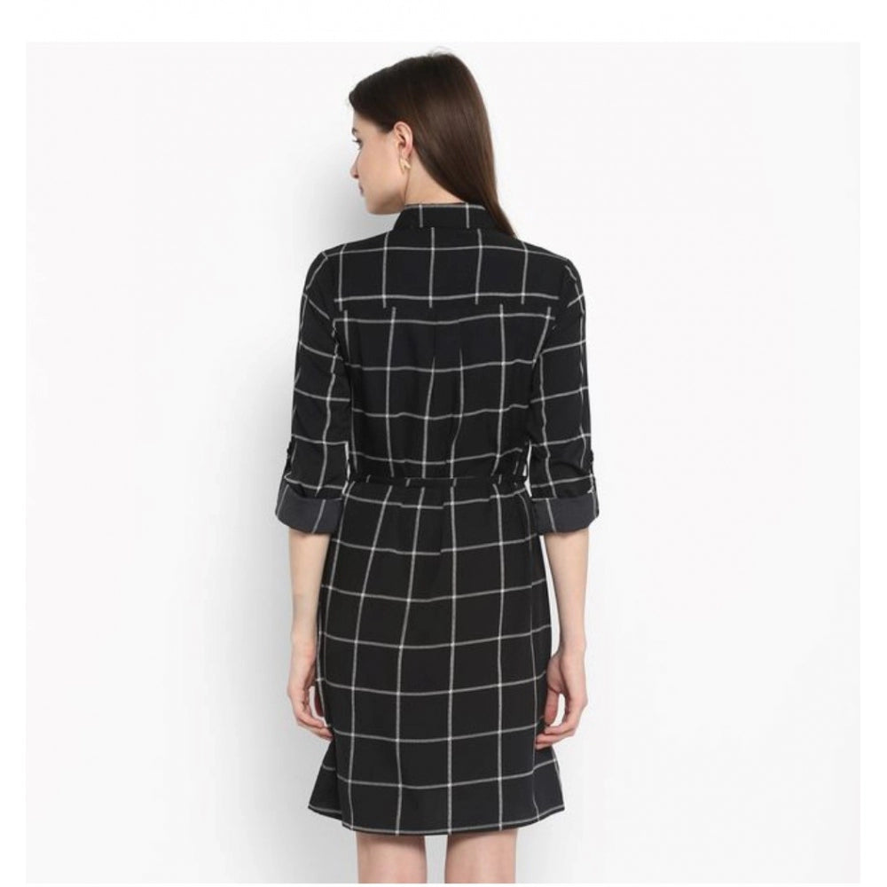 Women'S Polyester Checkered Roll Up Sleeve Above Knee Dress (B