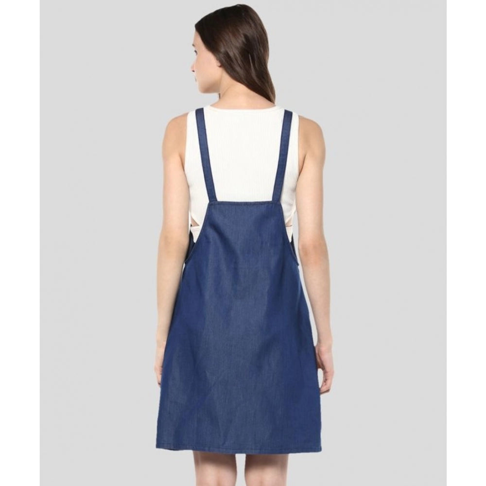 Women'S Denim Solid Shoulder Straps Above Knee Dress (Blue)
