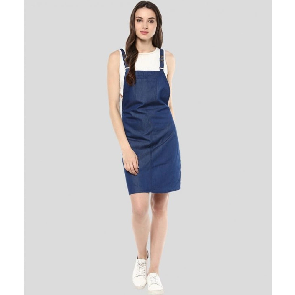 Women'S Denim Solid Shoulder Straps Above Knee Dress (Blue)
