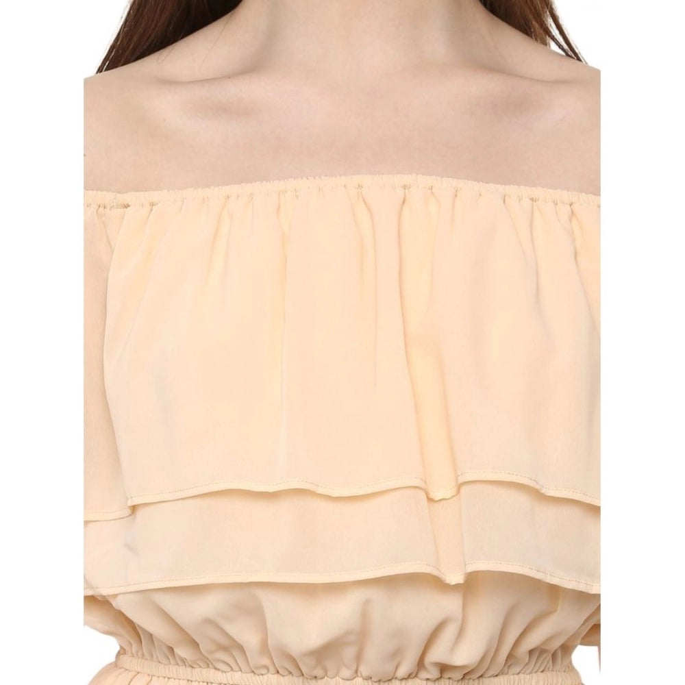 Women'S Polyester Solid Sleeveless Knee-Length Dress (Beige)