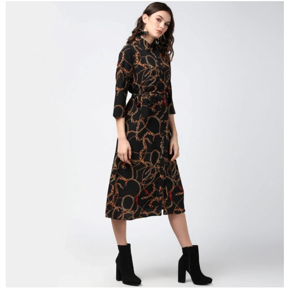 Women'S Polyester Chain Print Roll Up Sleeve Below Knee Dress