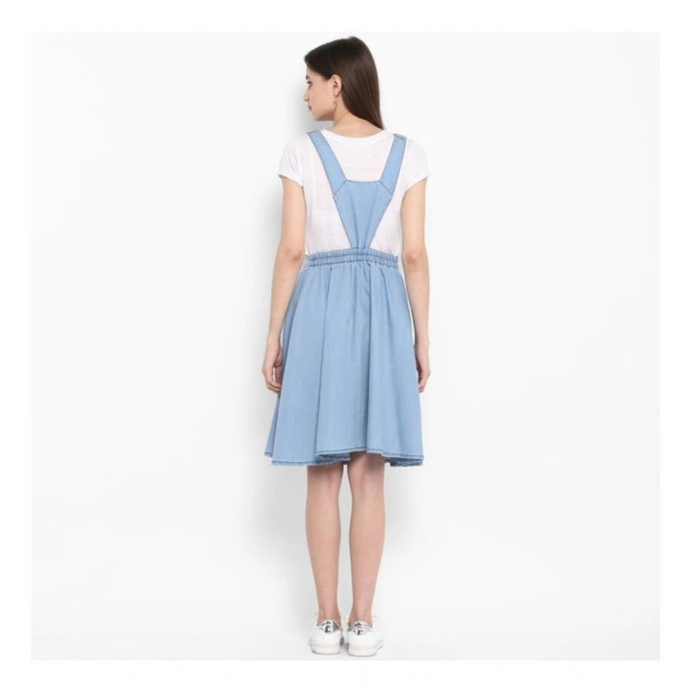 Women'S Denim Solid Sleeveless Above Knee Dress (Blue)