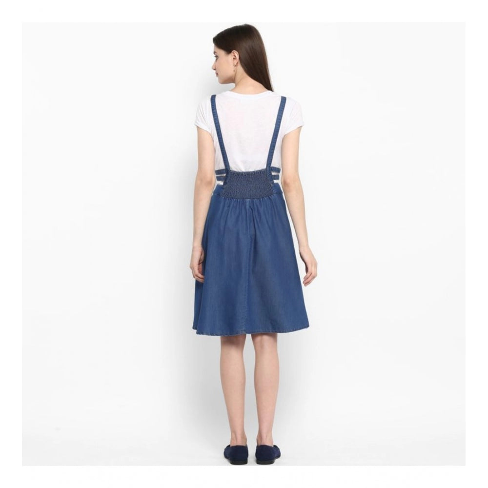 Women'S Denim Solid Shoulder Straps Below Knee Dress (Blue)