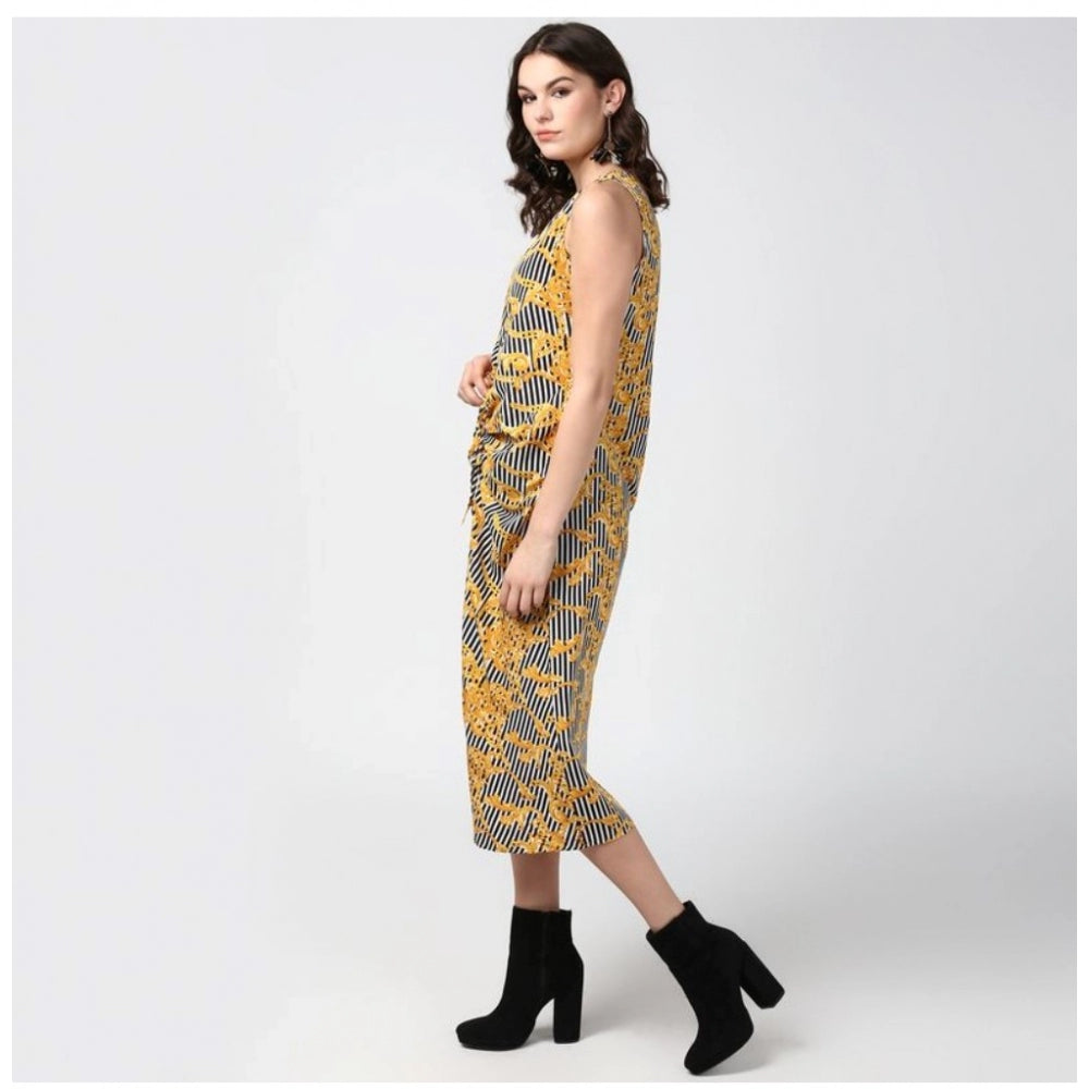 Women'S Polyester Chain Print Sleeveless Below Knee Dress (Yel