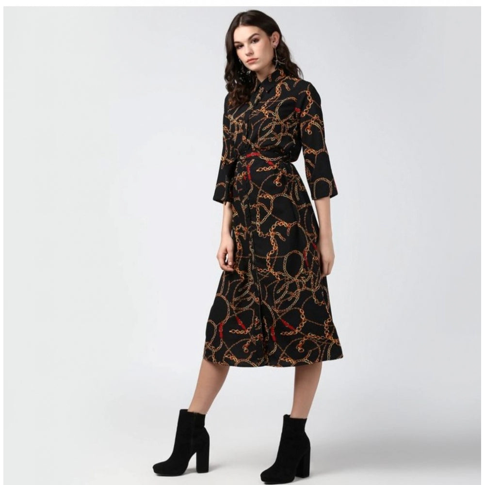 Women'S Polyester Chain Print Roll Up Sleeve Below Knee Dress