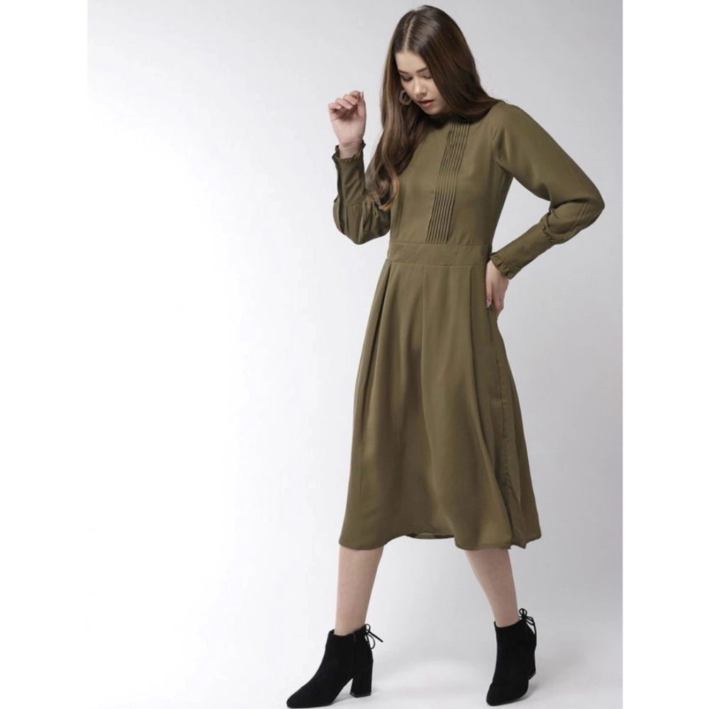 Women'S Polyester Pintuck Long Sleeves Below Knee Dress (Olive