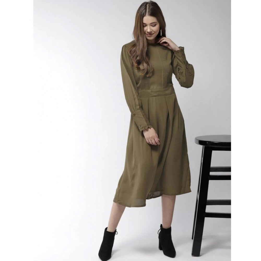 Women'S Polyester Pintuck Long Sleeves Below Knee Dress (Olive