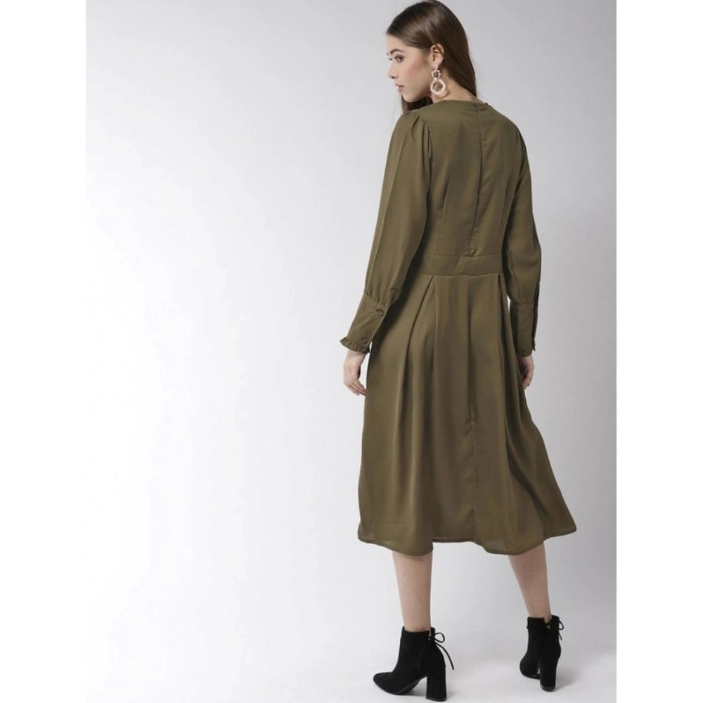 Women'S Polyester Pintuck Long Sleeves Below Knee Dress (Olive
