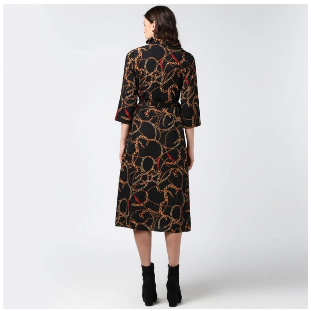 Women'S Polyester Chain Print Roll Up Sleeve Below Knee Dress