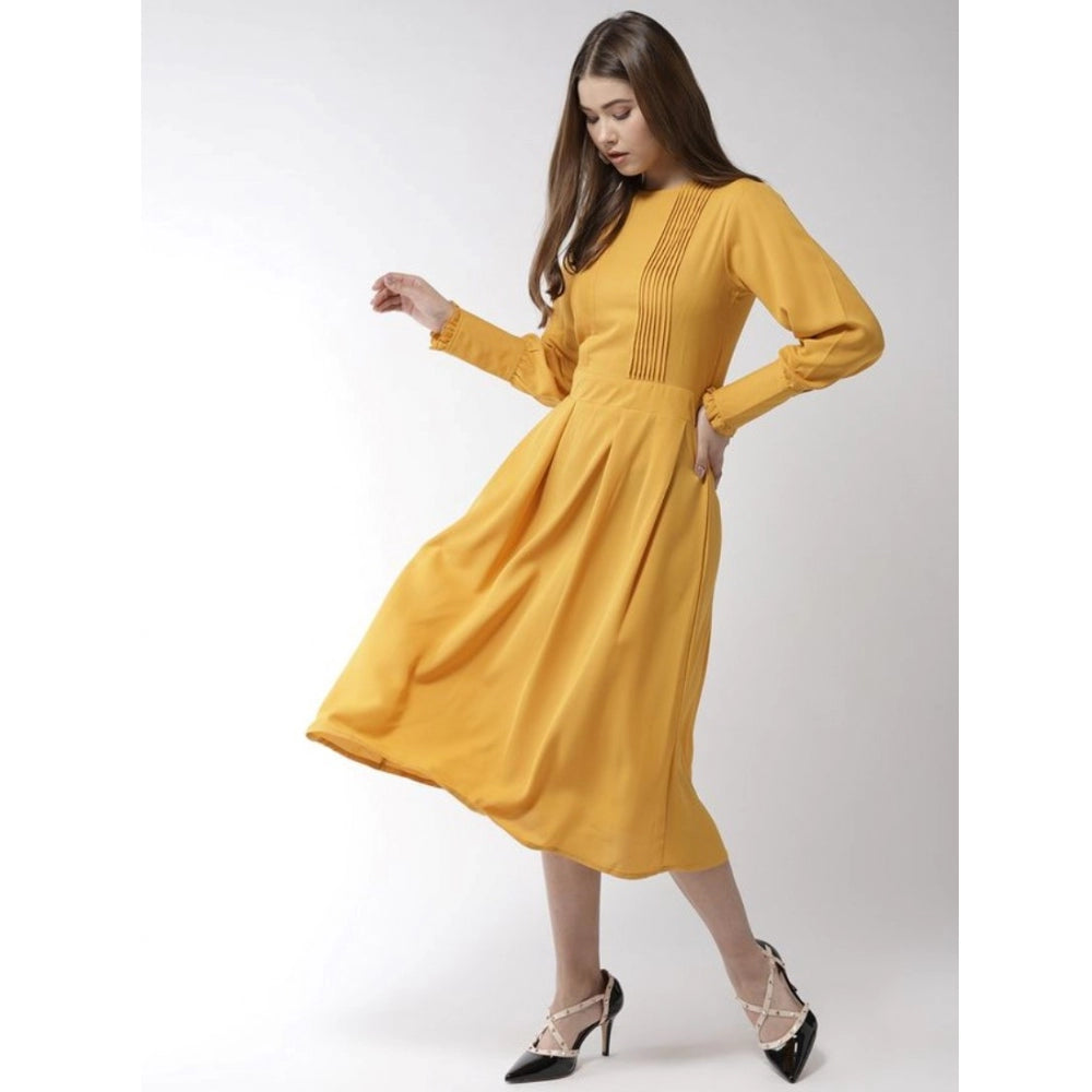 Women'S Polyester Pintuck Long Sleeves Below Knee Dress (Yello