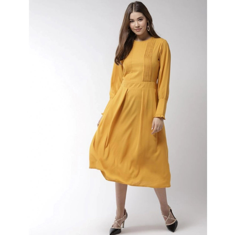 Women'S Polyester Pintuck Long Sleeves Below Knee Dress (Yello