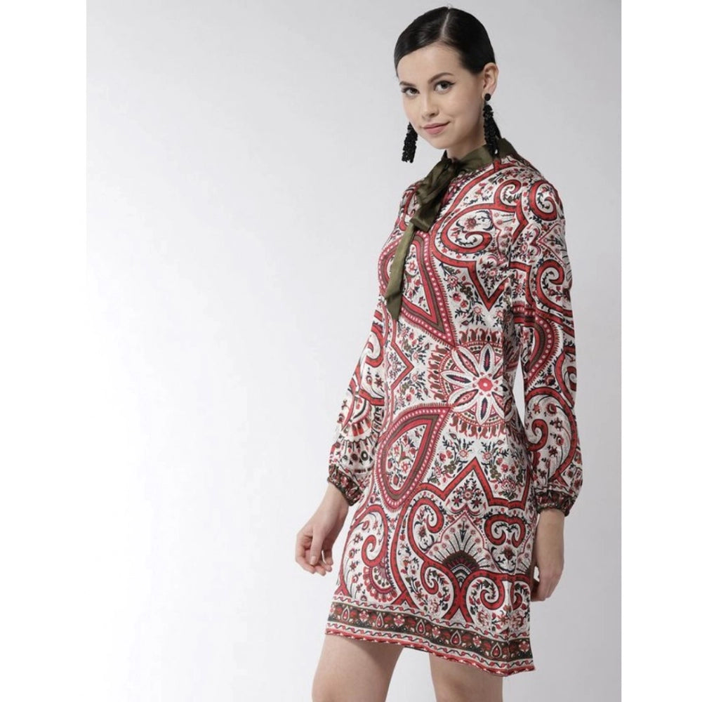 Women'S Polyester Printed Long Sleeves Above Knee Dress (Red)