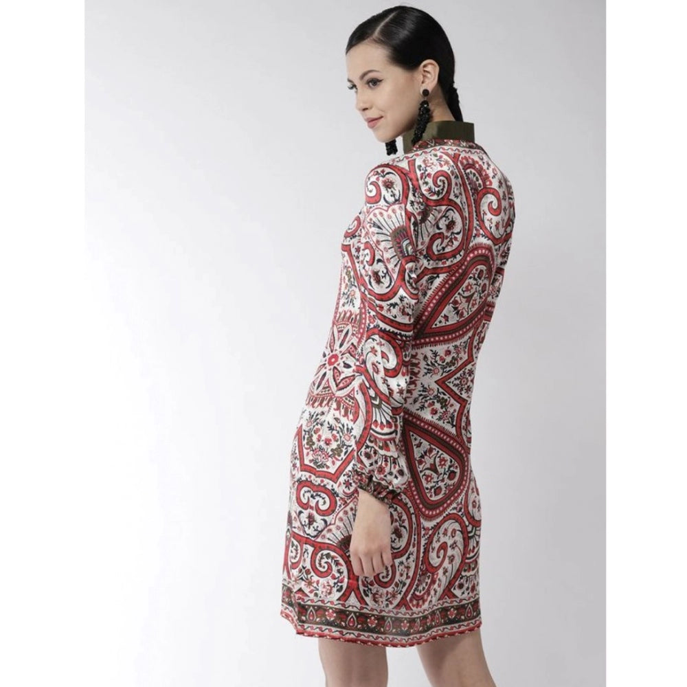 Women'S Polyester Printed Long Sleeves Above Knee Dress (Red)