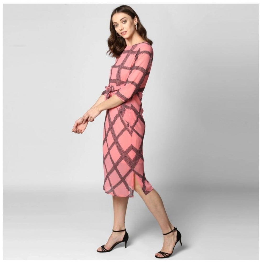 Women'S Polyester Checkered 3-4Th Sleeves Below Knee Dress (Pi
