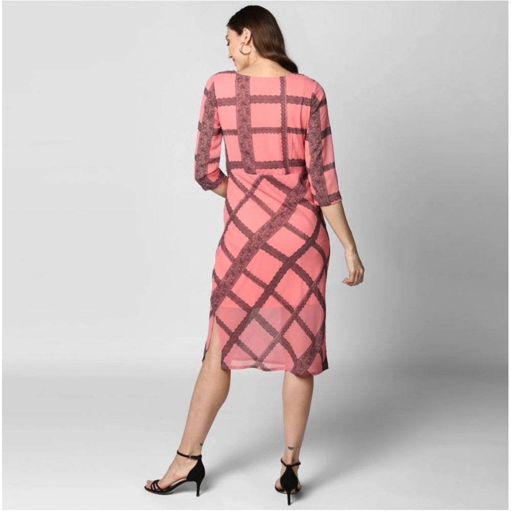 Women'S Polyester Checkered 3-4Th Sleeves Below Knee Dress (Pi