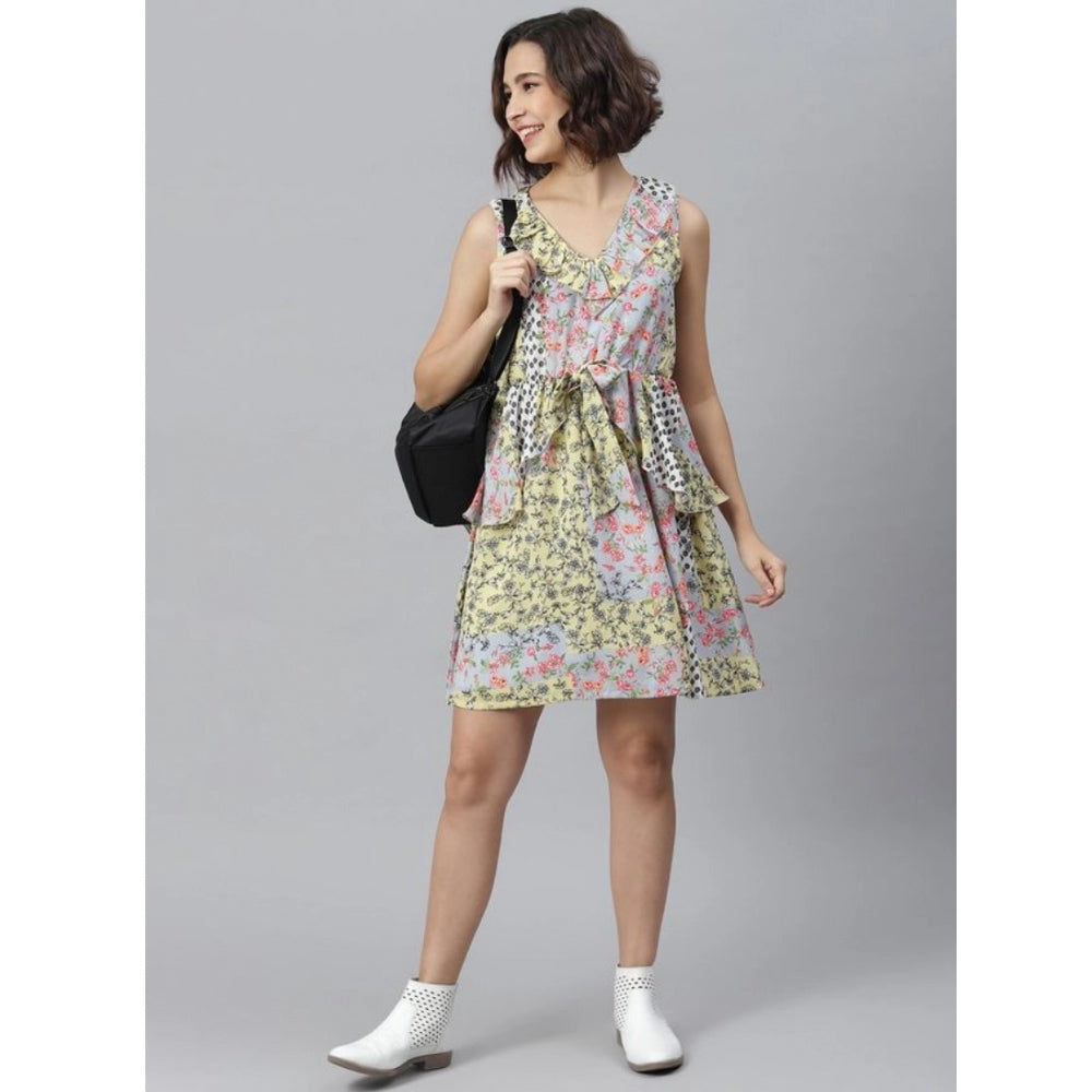 Women'S Polyester Peplum Sleeveless Above Knee Dress (Multicol