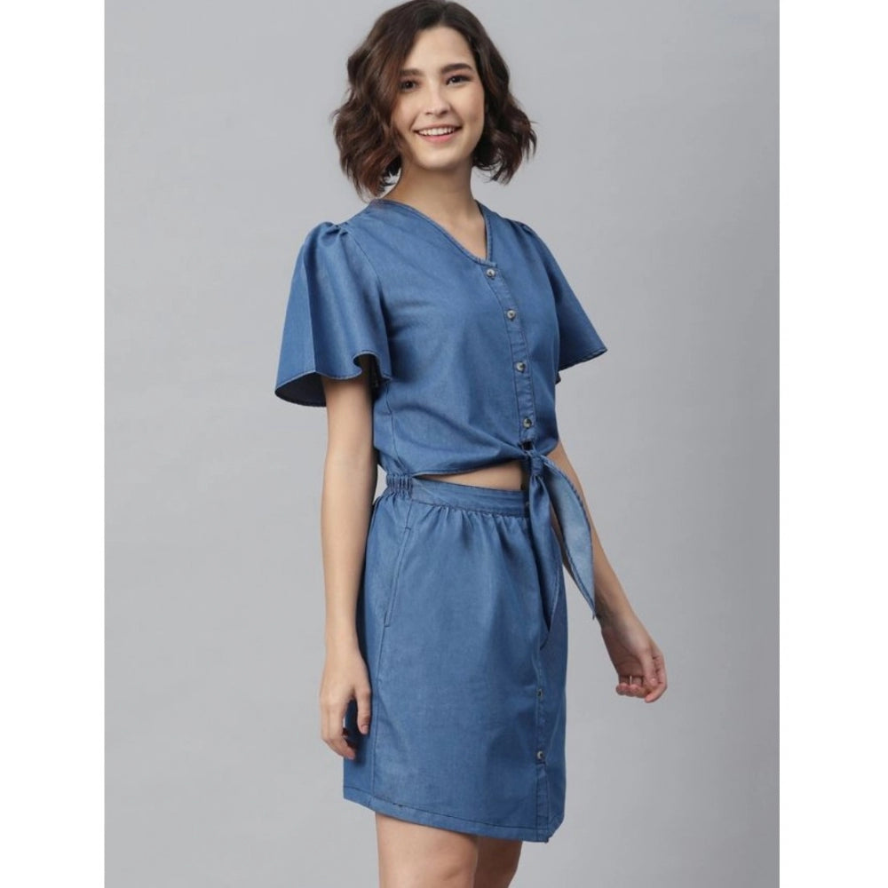 Women'S Denim Solid Flutter Above Knee Dress (Blue)
