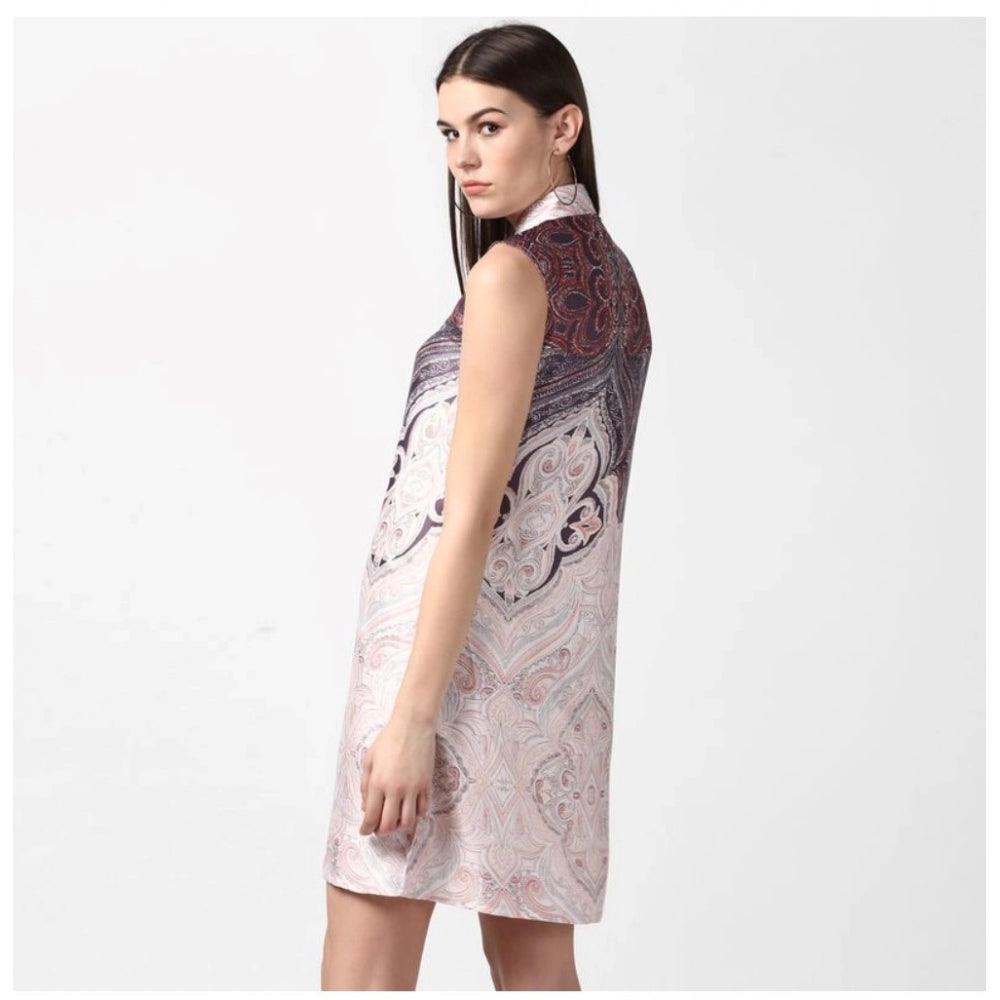 Women'S Polyester Printed Sleeveless Above Knee Dress (Orange)