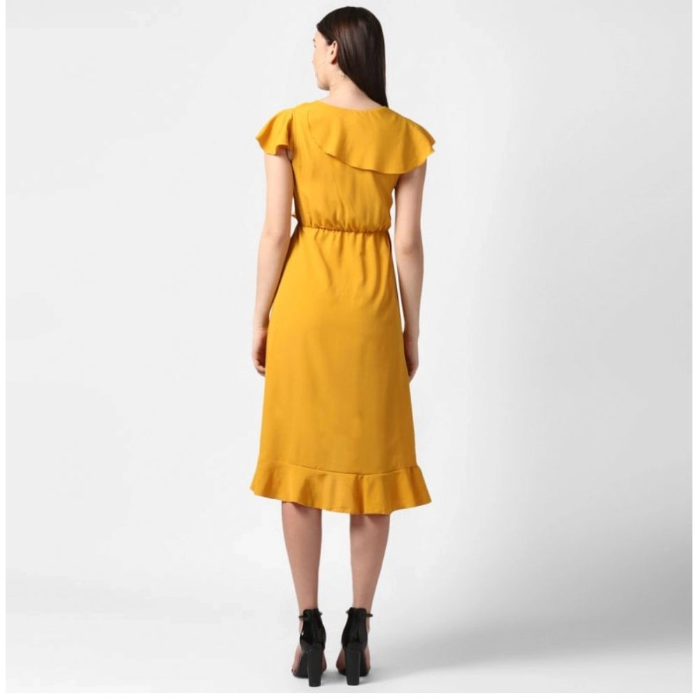 Women'S Polyester Ruffled Cap Sleeve Knee-Length Dress (Yellow