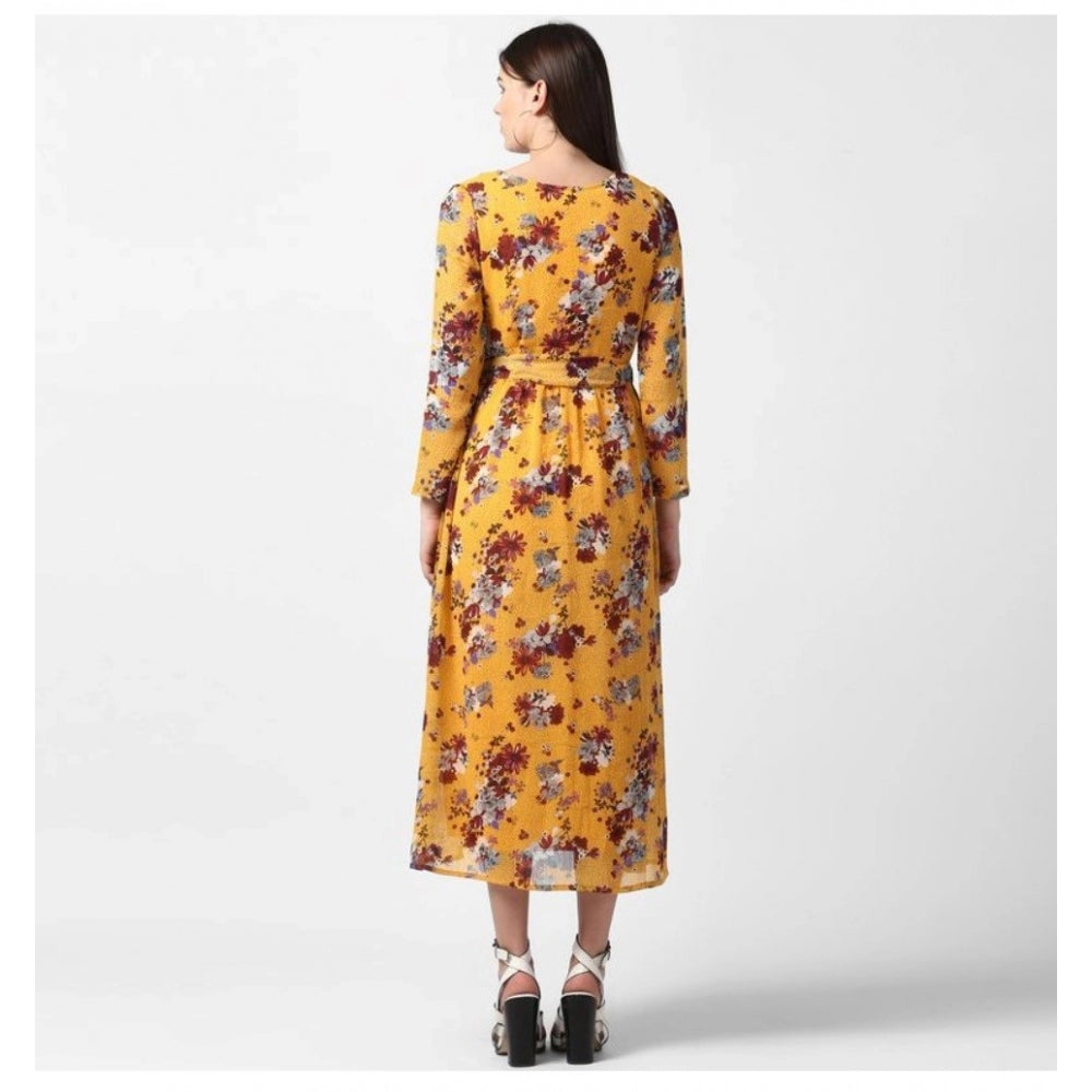 Women'S Polyester Floral Long Sleeves Calf-Length Dress (Yello