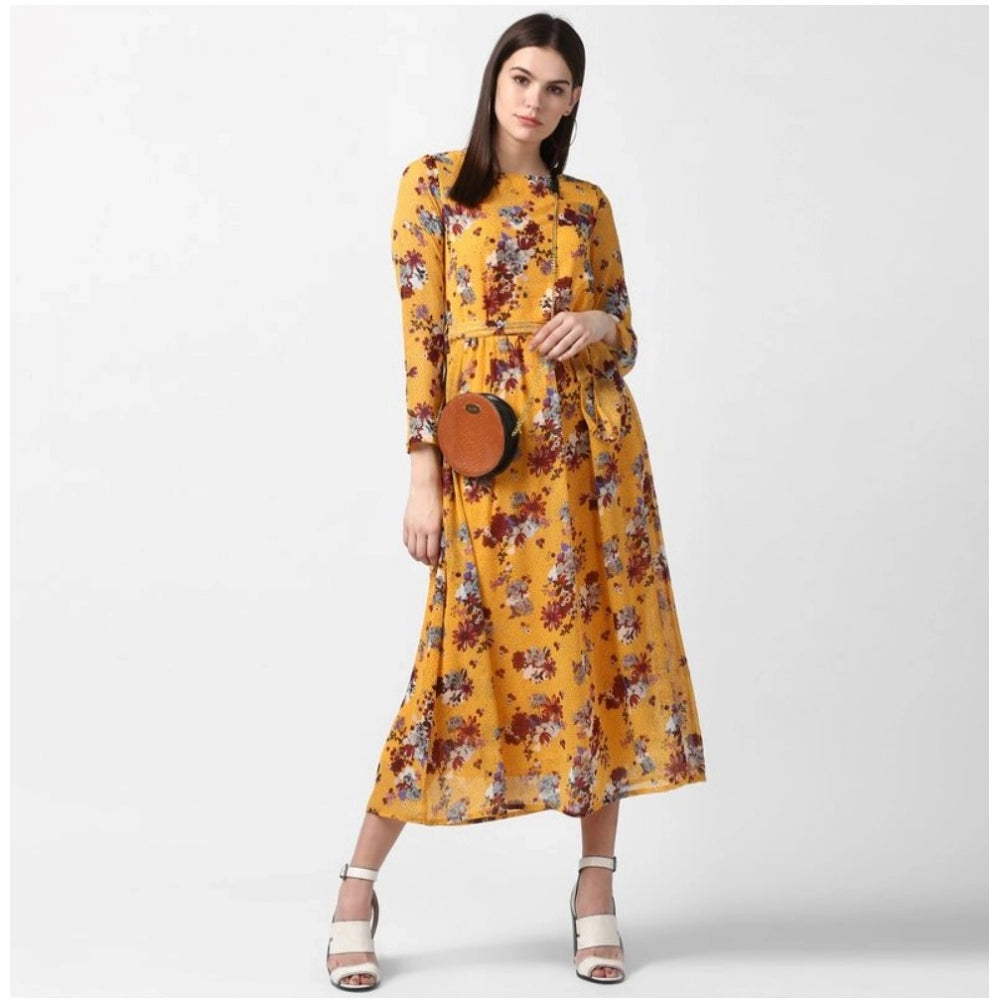 Women'S Polyester Floral Long Sleeves Calf-Length Dress (Yello