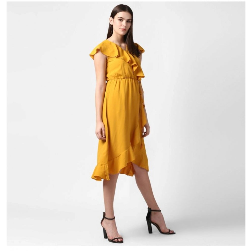 Women'S Polyester Ruffled Cap Sleeve Knee-Length Dress (Yellow