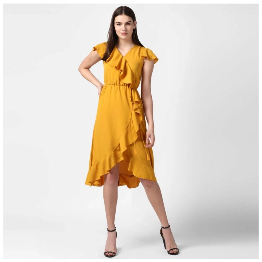 Women'S Polyester Ruffled Cap Sleeve Knee-Length Dress (Yellow