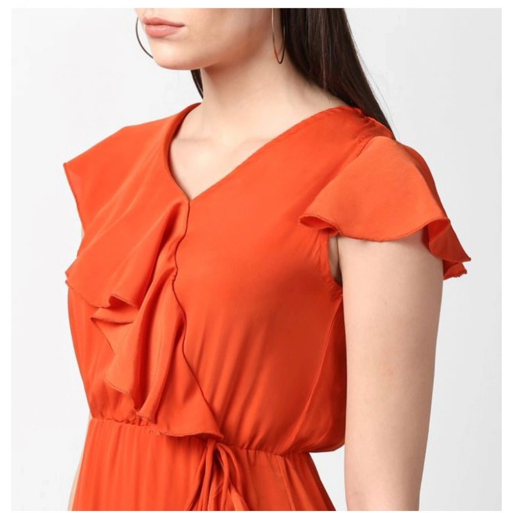 Women'S Polyester Ruffled Cap Sleeve Knee-Length Dress (Orange